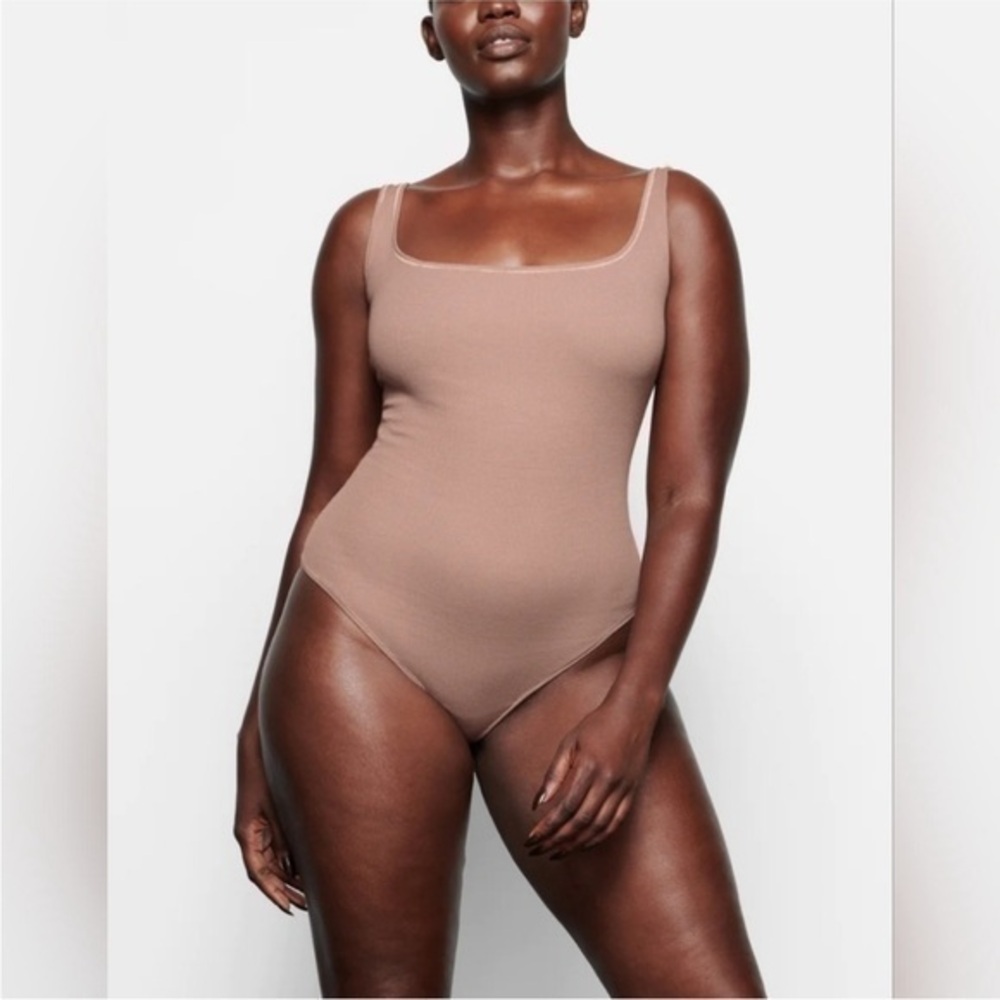 Skims Cotton Rib Bodysuit Square Neck Umber 3X Plus Size NWT